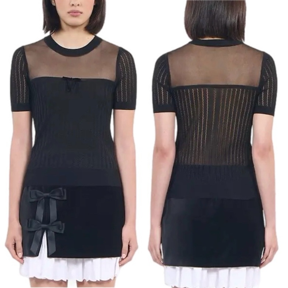 The Kooples NWT Black Openwork Woven Mesh Knitted Short Sleeve Black Top XL